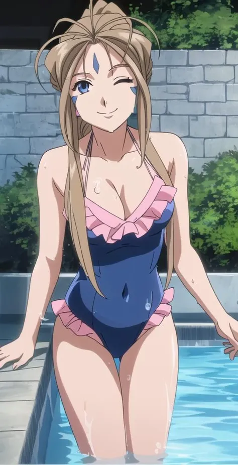 belldandy, 1girl, solo, (blue facial markings), ((wearing pink frill swimsuit)), long hair ponytail, ((wet)), ((leaning over edge of pool wall)), smiling, winking, looking at viewer (inside a pool), outside, summer, high-res, perfect quality, good quality, masterpiece, HDR, UHD <lora:Belldandy:0.7>