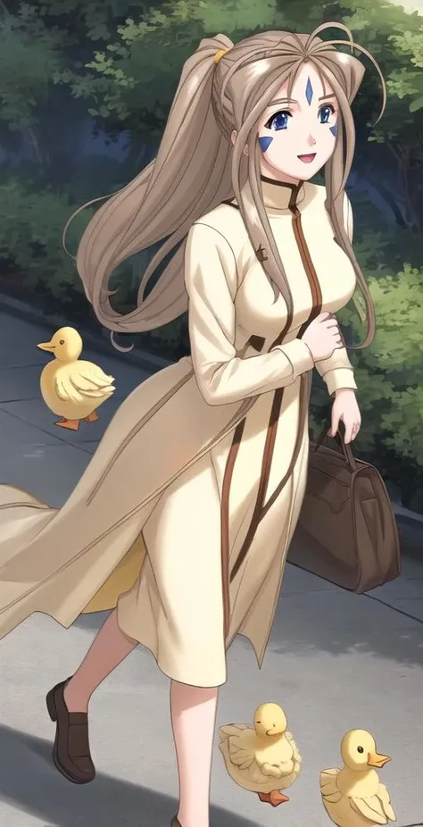 belldandy, 1girl, solo, (blue facial markings), walking with yellow ducks, happy, high-res, perfect quality, good quality, masterpiece, HDR, UHD <lora:Belldandy:0.8>