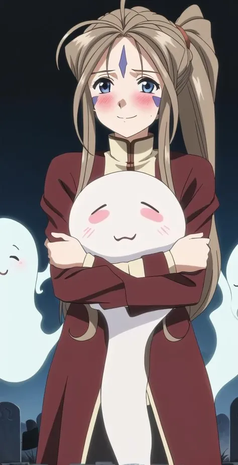 belldandy, 1girl, solo, (blue facial markings), long hair ponytail, happy, blush, ((hugging a cute white ghost)), graveyard in background, high-res, perfect quality, good quality, masterpiece, HDR, UHD <lora:Belldandy:0.6>