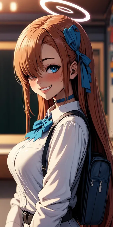 <lora:Afrobull 444 Artist Style:0.9>, 
1girl, asuna \(blue archive\), halo, breasts, school uniform, solo, shirt, choker, long hair, white shirt, smile, bag, blue eyes, looking at viewer, large breasts, collared shirt, black choker, blush, bow, school bag, grin, bangs, ribbon, from side, bowtie, scrunchie, long sleeves, wrist scrunchie, light brown hair, hair ribbon, blurry background, blue bow, upper body, blurry, blue bowtie, hair over one eye, shoulder bag, outdoors, blue ribbon, looking to the side, sleeves rolled up, very long hair