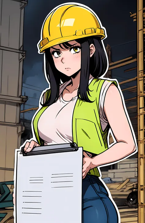 masterpiece, hd, manga, anime, thick outline, 1girl, construction worker, holding paper clipboard, yellow vest, yellow hardhat, confused expression, construction site background, detailed beckground, <lora:afrobull_444:0.7>