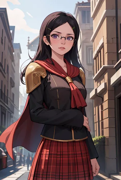 (masterpiece, best quality), 1girl, <lora:QueenFF:0.8> QueenFF, 1girl, solo, long hair, skirt, black hair, red cape, armor, plaid skirt, purple eyes, hairclip, shoulder armor, glasses, school uniform,