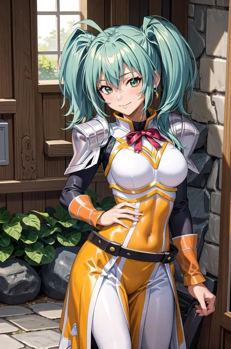 (masterpiece, best quality, detailed), 1girl, solo,
indoors, stone floor, stone wall, day,
cowboy shot, looking at viewer, against wall, smile, closed mouth,
ryofu housen, (dknsoutfit) <lora:KonosubaCostumePackV1_5-000010:1> <lora:more_details:0.3> <lora:RyofuHousenV13:1>