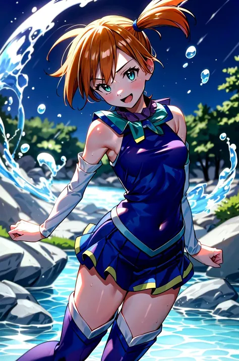 (masterpiece, best quality, detailed), 1girl, solo,
outdoors, forest, night, looking at viewer, smile, open mouth,
misty \(pokemon\), side ponytail, (aqoutfit), water <lora:KonosubaCostumePackV1_5-000010:1> <lora:more_details:0.4> <lora:mistyPokemon_v2:1>