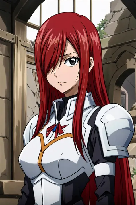 (masterpiece, best quality),  intricate details,
1girl,  <lora:erza:0.8> erza, erza scarlet,  long hair, red hair, hair over one eye, 
 <lora:KonosubaCostumePackV1_5:0.8> dknsoutfit,