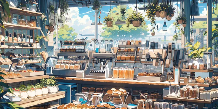 (masterpiece:1.2), best quality,PIXIV,cozy animation scenes,
scenery, no humans, sky, plant, window, food, cloud, day, cup, shelf, tree, jar, table, bottle, sunlight, blue sky, indoors, potted plant, bread, plate, chair, shop, electric fan,
<lora:cozy animation scenes_20230824111332:1>