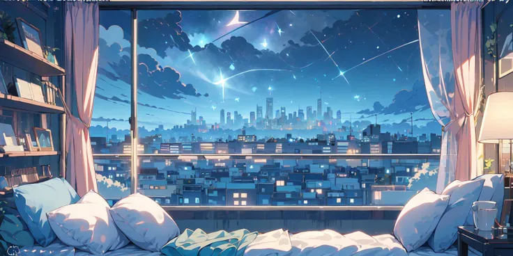 (masterpiece:1.2), best quality,PIXIV,cozy animation scenes,
window, scenery, night, sky, no humans, night sky, star (sky), cityscape, cloud, pillow, curtains, city, cup, starry sky, bed, building, indoors, lamp, mug, shooting star, city lights, skyscraper, watermark, skyline
<lora:cozy animation scenes_20230824111332-000018:1>