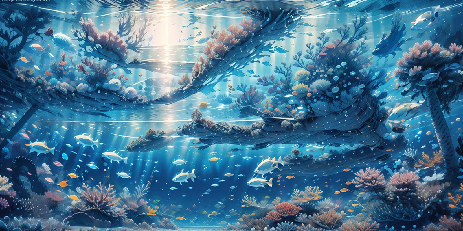 (masterpiece:1.2), best quality,PIXIV,cozy animation scenes,
fish, scenery, letterboxed, underwater, watermark, blue theme, artist name, coral, bubble, 1girl, animal, air bubble, copyright name, water, jellyfish, fantasy, web address
<lora:cozy animation scenes_20230824111332:1>