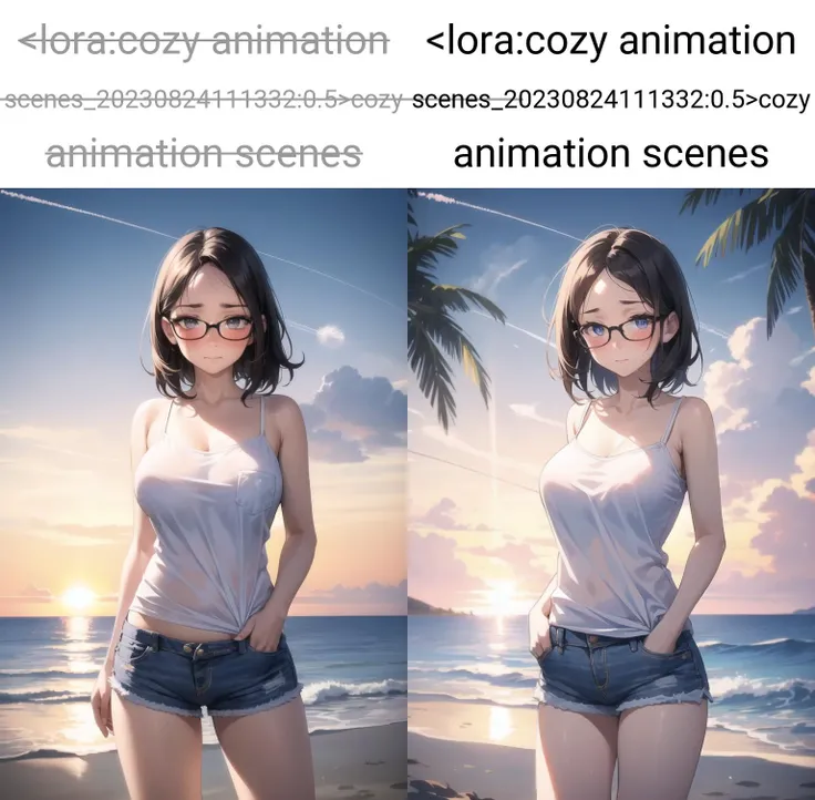 <lora:add_brightness:0.5><lora:add_detail:0.5>1 woman, large breast, embarrassed ,blush, forehead, black hair,glasses, white camisole, denim shorts, hand in pocket,
beach,people, contrail, cloudy sky, sunset, sunbeam, wave,island,
cowboy shot,