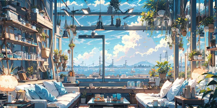 (masterpiece:1.2), best quality,PIXIV,cozy animation scenes,
scenery, no humans, plant, chair, table, couch, tree, window, sky, day, building, potted plant, cup, cloud, indoors, sunlight, artist name, watermark, lamp
 <lora:cozy animation scenes_20230824111332:1>