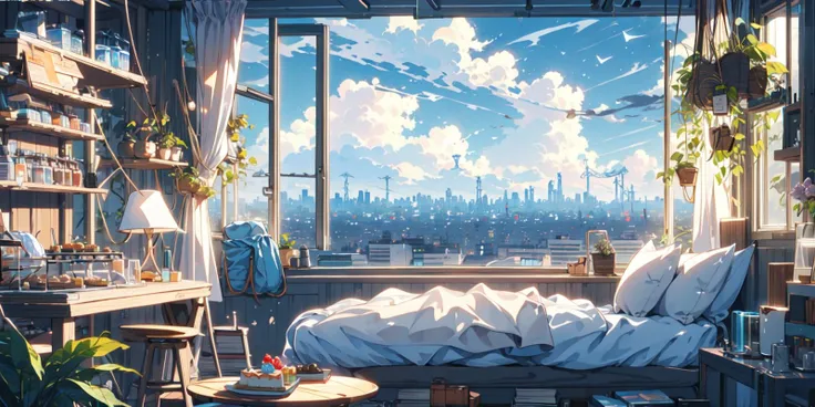 (masterpiece:1.2), best quality,PIXIV,cozy animation scenes,
scenery, cityscape, city, skyscraper, building, window, cloud, sky, food, indoors, computer, book, bed, table, clock, pillow, no humans, chair, cake, monitor, cup, plate, skyline, lying
 <lora:cozy animation scenes_20230824111332:1>