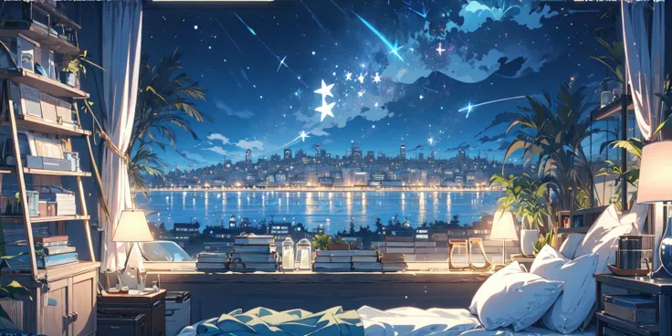 (masterpiece:1.2), best quality,PIXIV,cozy animation scenes,
scenery, night, window, no humans, sky, plant, night sky, pillow, cityscape, bed, star (sky), book, chair, cloud, bookshelf, city, lamp, building, indoors, potted plant, starry sky, city lights, curtains, copyright name, artist name, skyscraper, shelf, bedroom, watermark, border
<lora:cozy animation scenes_20230824111332:1>
