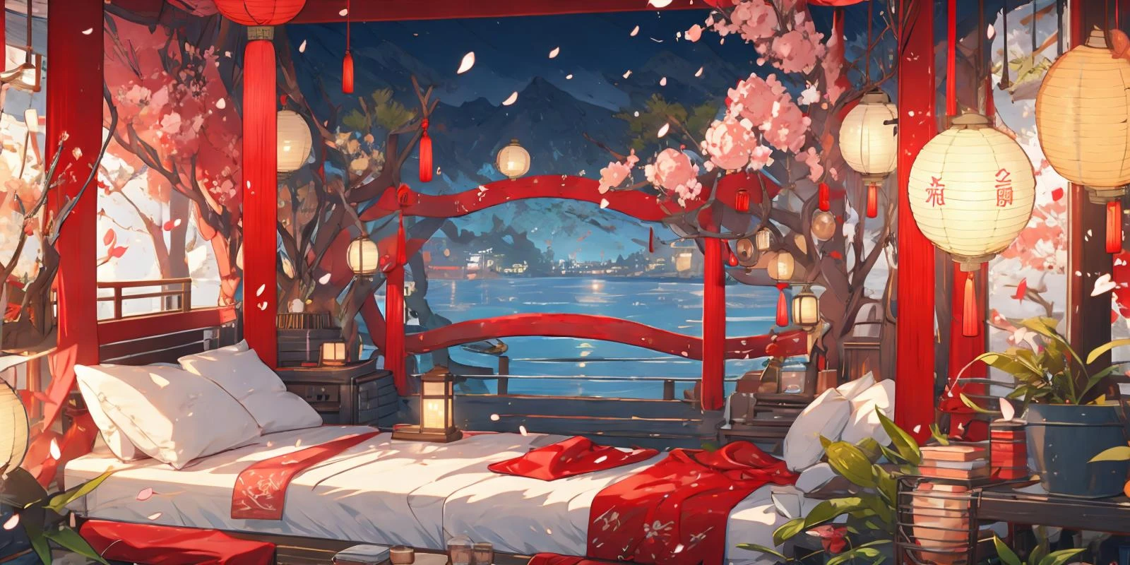 (masterpiece:1.2), best quality,PIXIV,cozy animation scenes,
scenery, lantern, no humans, east asian architecture, architecture, tree, chinese text, petals, lattice, water, boat, watercraft, indoors, paper lantern, window, lamp,bedroom,
<lora:cozy animation scenes_20230824111332-000018:1>
