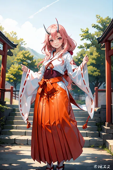 <lora:CHAR-ShunaTensura:1> ShunaTensura, low-tied long hair, oni horns, miko, red hakama, tabi, temple gate, torii, smile,, ultra detailed, masterpiece, best quality, aesthetic, detailed,