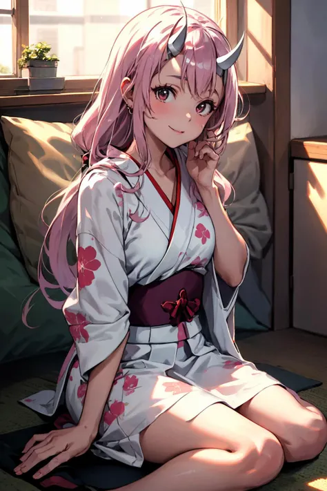 masterpiece, best quality, highres, 1girl, solo, <lora:beautiful_detailed_eyes:0.5>, smile,cowboy shot , <lora:GoodHands-beta2:0.7>, ShunaTensura, low-tied long hair, oni horns, <lora:ShunaTensura:1.0>, indoors, kimono, hair flower, floral print, wariza, sitting, hands on own knees, smile,