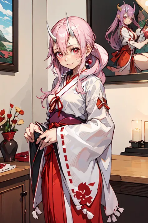 <lora:CHAR-ShunaTensura:1> ShunaTensura, low-tied long hair, oni horns, miko, red hakama, tabi,  smile,  holding sakazuki, wariza, indoors,    <lora:NakayamaTooru:1> sketch, mecha,, ultra detailed, masterpiece, best quality, aesthetic, detailed,
