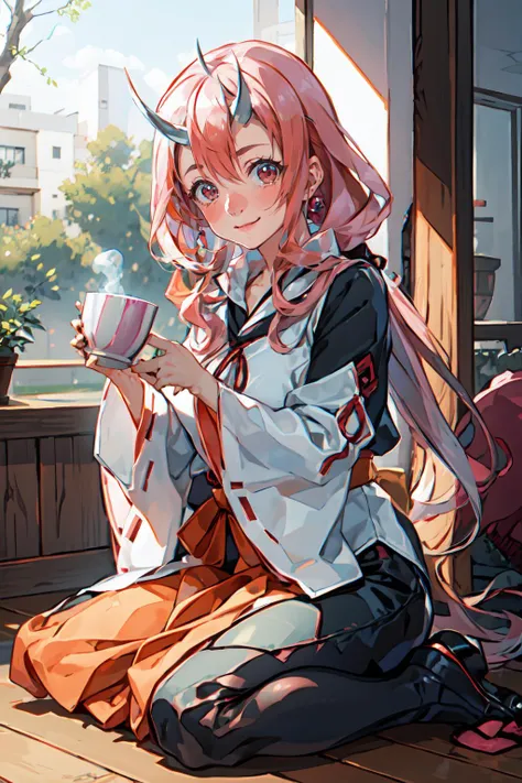 <lora:CHAR-ShunaTensura:1> ShunaTensura, low-tied long hair, oni horns, miko, red hakama, tabi, smile, holding_cup sakazuki, wariza, indoors, <lora:Nishihara-Isao:0.8>, ultra detailed, masterpiece, best quality, aesthetic, detailed,