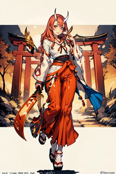 <lora:CHAR-ShunaTensura:1> ShunaTensura, low-tied long hair, oni horns, miko, red hakama, tabi, temple gate, torii, smile, <lora:fishine-10:1>, ultra detailed, masterpiece, best quality, aesthetic, detailed,