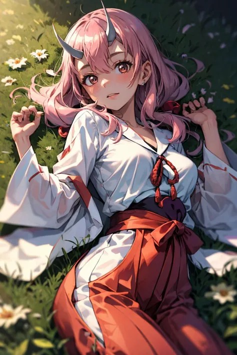 masterpiece, best quality, highres, 1girl, solo, <lora:beautiful_detailed_eyes:0.5>, smile,cowboy shot , <lora:GoodHands-beta2:0.7>, ShunaTensura, low-tied long hair, oni horns, <lora:ShunaTensura:1.0>, close portrait, field, flower field, lying on ground, smile, miko, red hakama, tabi