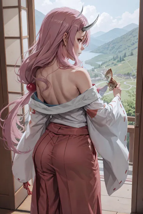 ShunaTensura, low-tied long hair, oni horns, miko, red hakama, tabi, <lora:Char_Slime_Shuna:1>, kimono, from behind, off shoulder, shoulder blades, <lora:Pos_OffShoulderKimono:1>