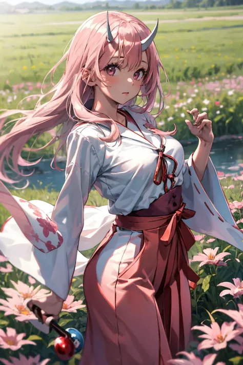 masterpiece, best quality, highres, 1girl, solo, <lora:beautiful_detailed_eyes:0.5>, smile,cowboy shot , <lora:GoodHands-beta2:0.7>, ShunaTensura, low-tied long hair, oni horns, <lora:ShunaTensura:1.0>, field, flower field, smile, miko, red hakama, tabi, cherry bloosom, pink flower, pink field