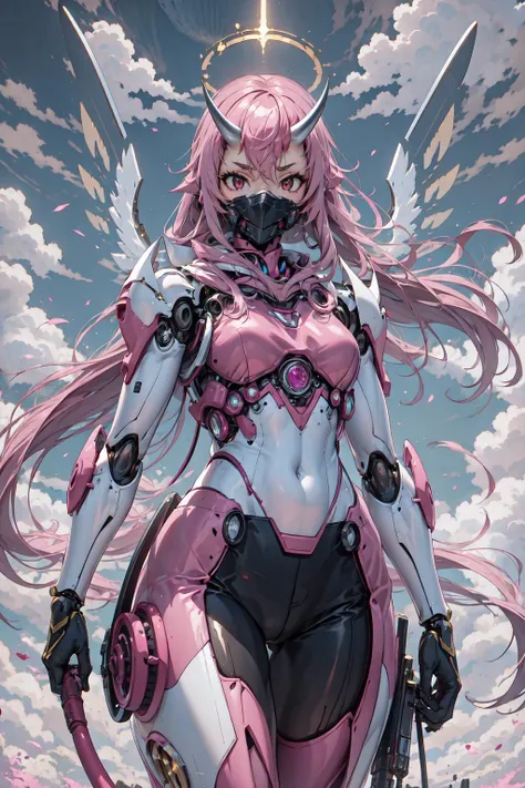 ShunaTensura, low-tied long hair, oni horns, <lora:Char_Slime_Shuna:0.9>, wrenchsmechs, glowing, pink mecha, halo, (mechanical wings:1.1), wings, <lora:Outfit_Mechs:1>