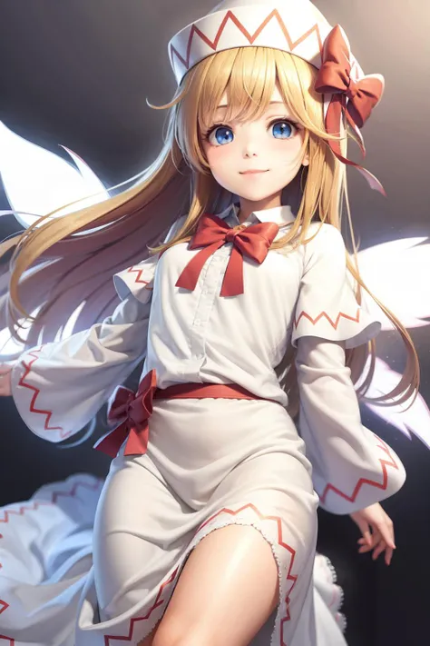masterpiece, best quality, <lora:llw:1>,lily white, 1girl,hat,blonde hair,long hair,blue eyes,smile,bow,wide sleeves,white dress,wings,(grey background:1.2),(kbxll:0.6)