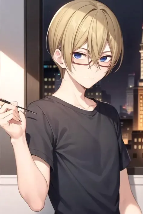 masterpiece, best quality, wallpaper, 1boy, solo, male focus, looking at viewer, , , <lora:michiru_yanai:0.70>, michiru_yanai, blonde hair, blue eyes, hair between eyes, , , The Castle of Shadows,