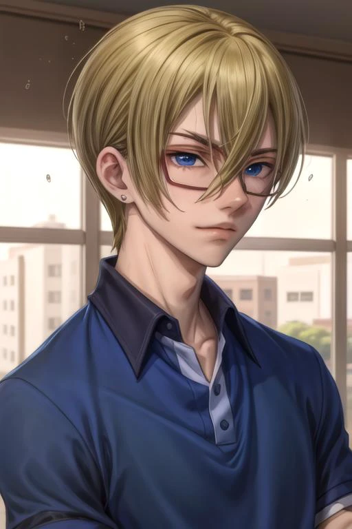 masterpiece, best quality, illustration, 1boy, solo, male focus, looking at viewer, , depth of field, <lora:michiru_yanai:0.76>, michiru_yanai, blonde hair, blue eyes, hair between eyes, , polo shirt, homburg, , 12k resolution