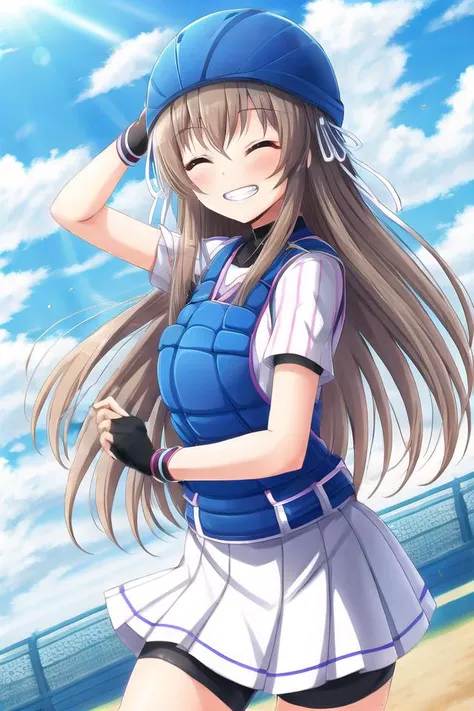 1girl, solo, masterpiece, best quality, absurdres, cute, ultra-detailed, perfect anatomy, <lora:style-GoodHands:1>, perfect hand, nice hand, <lora:shiina_yukari-000140:0.7>, shiina yukari, long hair, blush, smile, standing, hair ribbon, cowboy shot, sweat, outdoors, closed eyes, floating hair, baseball uniform, black undershirt, fingerless gloves, belt pouch, pleated skirt, bike shorts, bike shorts under skirt, grin, dutch angle, sunlight, helmet, blue vest, white ribbon, lens flare, arms up