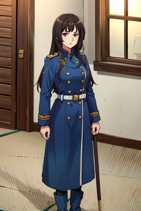 1girl,sashaaw,standing,looking at viewer,blue coat,double-breasted,medium breasts,military uniform,long coat,boots,full body,stern face,arms at sides,indoors,in barracks, <lora:SashaAW:0.65>, <lora:LORA-XenoDetailer-v2:0.1>