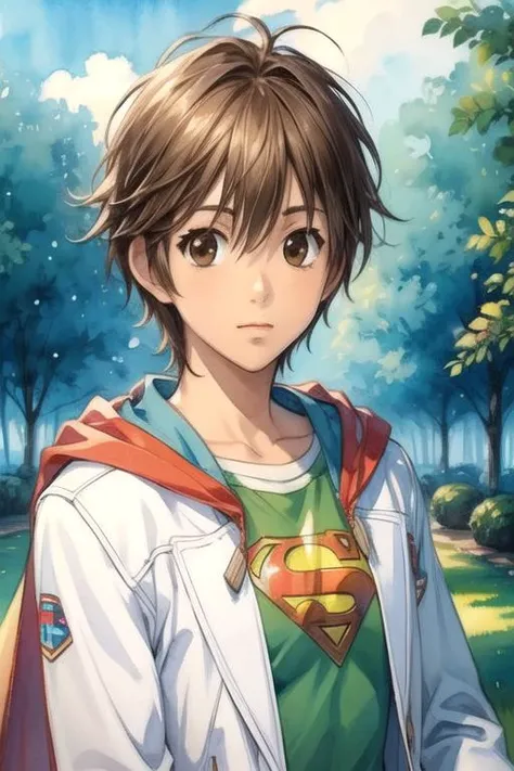 masterpiece, best quality, illustration, 1boy, solo, male focus, looking at viewer, upper body, , (watercolor illustration, soft pastel colors:1.1), realistic, <lora:tadashi_karino:0.74>, tadashi_karino, brown hair, brown eyes, superman costume, neverland: A lost island where children can stay forever young,