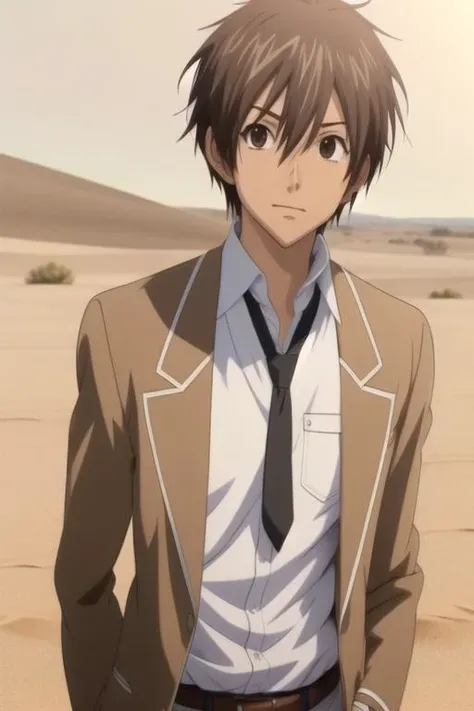 masterpiece, best quality, photorealistic, 1boy, solo, male focus, looking at viewer, upper body, , anime coloring, , <lora:tadashi_karino:0.72>, tadashi_karino, brown hair, brown eyes, french costume, desert, 4k resolution