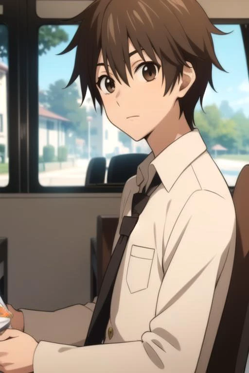 masterpiece, best quality, movie still, 1boy, solo, male focus, looking at viewer, upper body, depth of field, , , <lora:tadashi_karino:0.74>, tadashi_karino, brown hair, brown eyes, christmas costume, bus interior, HD