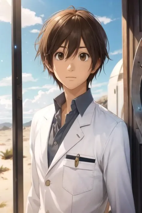 masterpiece, best quality, sketch, 1boy, solo, male focus, looking at viewer, , depth of field, , , <lora:tadashi_karino:0.68>, tadashi_karino, brown hair, brown eyes, , science fiction space western,