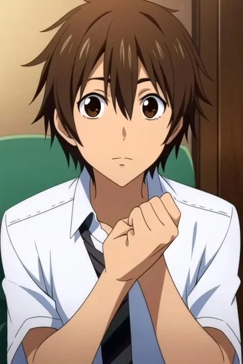 masterpiece, best quality, illustration, 1boy, solo, male focus, looking at viewer, upper body, depth of field, , , <lora:tadashi_karino:0.68>, tadashi_karino, brown hair, brown eyes