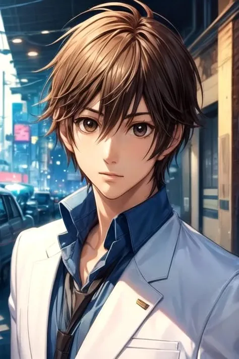 masterpiece, best quality, wallpaper, 1boy, solo, male focus, looking at viewer, , , anime coloring, realistic, <lora:tadashi_karino:0.70>, tadashi_karino, brown hair, brown eyes, , , science fiction cyberpunk,