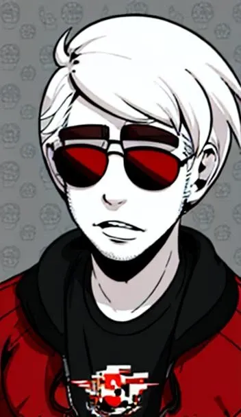 homestuckstyle, pale skin, blonde hair, davestrider, godtier, red clothing, sunglasses, white hair,