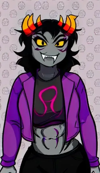 (purple theme), purple tones, ( gray skin, black t-shirt), (Homestuck Troll) A (1girl, curvy, sexy), highblood troll exuding an aura of malevolence,  (curved Goat Horns:1.2), (black hair), long hair, (muscular), (colored sclera), (face paint), (makeup), fangs, (abs:1.2), (crop top), (musclegirl, two-tone_hair), homestuckstyle, alternian, (homestucktroll)