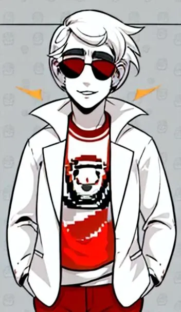 homestuckstyle, pale skin, blonde hair, davestrider, godtier, red clothing, sunglasses, white hair,