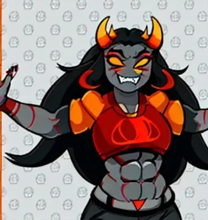 homestuckstyle, A (1girl, curvy, sexy), highblood troll exuding an aura of malevolence, (curved Goat Horns:1.2), (black hair), long hair, (muscular), (colored sclera), (face paint), (makeup), fangs, (abs:1.2), (crop top), (musclegirl, two-tone_hair),