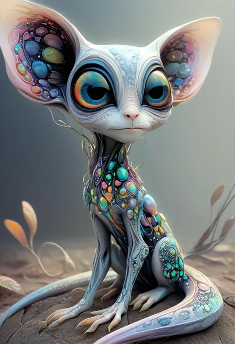 <lora:artfullyALIEN_SDXL_V1:1>,artln,A cute alien creature with big eyes, cartoon realism, cosmic inspiration, detailed anatomy drawing, detailed background elements, detailed rendering, ethereal sculptures, full body portrait, high detail., high resolution, high resolution., iridescent colors, large ears and a long tail sitting on the ground, long limbs and colorful patterns on its skin, made of fractals with a detailed background in the colorful fantasy realism style of an ethereal atmosphere with pastel colors and high resolution, many colors and patterns on its skin across its full body, pastel tones, pixar style., sitting in the style of detailed character design, ultra realistic photography.