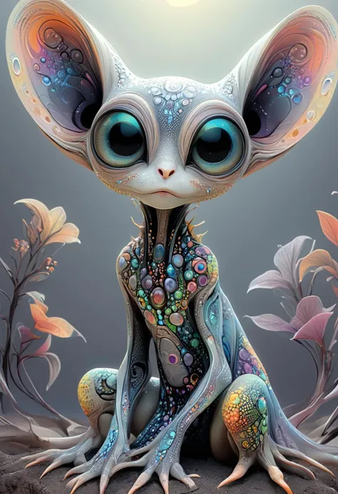 <lora:artfullyALIEN_SDXL_V1:1>,artln,A cute alien creature with big eyes, cartoon realism, cosmic inspiration, detailed anatomy drawing, detailed background elements, detailed rendering, ethereal sculptures, full body portrait, high detail., high resolution, high resolution., iridescent colors, large ears and a long tail sitting on the ground, long limbs and colorful patterns on its skin, made of fractals with a detailed background in the colorful fantasy realism style of an ethereal atmosphere with pastel colors and high resolution, many colors and patterns on its skin across its full body, pastel tones, pixar style., sitting in the style of detailed character design, ultra realistic photography.