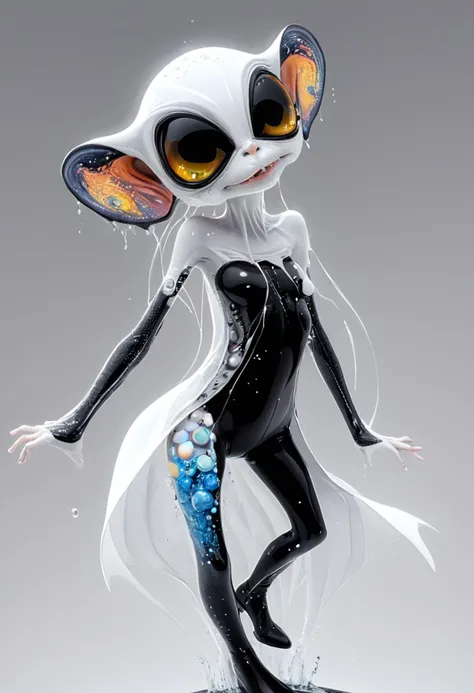 <lora:artfullyALIEN_SDXL_V1:1>,artln,facial hair, covered nipples, planet, black bodysuit, white dress, strapless dress, wet, jeans, monster girl, dancing