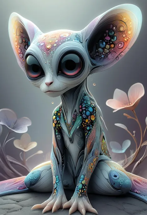 <lora:artfullyALIEN_SDXL_V1:1>,artln,A cute alien creature with big eyes, cartoon realism, cosmic inspiration, detailed anatomy drawing, detailed background elements, detailed rendering, ethereal sculptures, full body portrait, high detail., high resolution, high resolution., iridescent colors, large ears and a long tail sitting on the ground, long limbs and colorful patterns on its skin, made of fractals with a detailed background in the colorful fantasy realism style of an ethereal atmosphere with pastel colors and high resolution, many colors and patterns on its skin across its full body, pastel tones, pixar style., sitting in the style of detailed character design, ultra realistic photography.