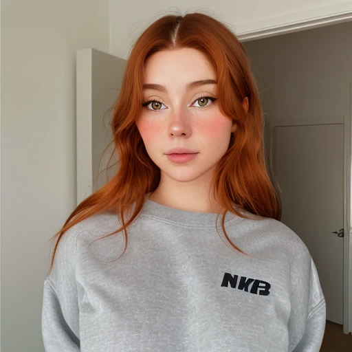 a woman, best quality, grey sweatshirt, hazel eyes, middle part long auburn hair, torso head picture, nikon d850 film stock photograph 4 kodak 400 camera f1.6 lens rich colors hyper realistic lifelike texture natural lighting trending on artstation cinestill 800, (100mm lens), mature face <lora:paula_eal_v7:1>