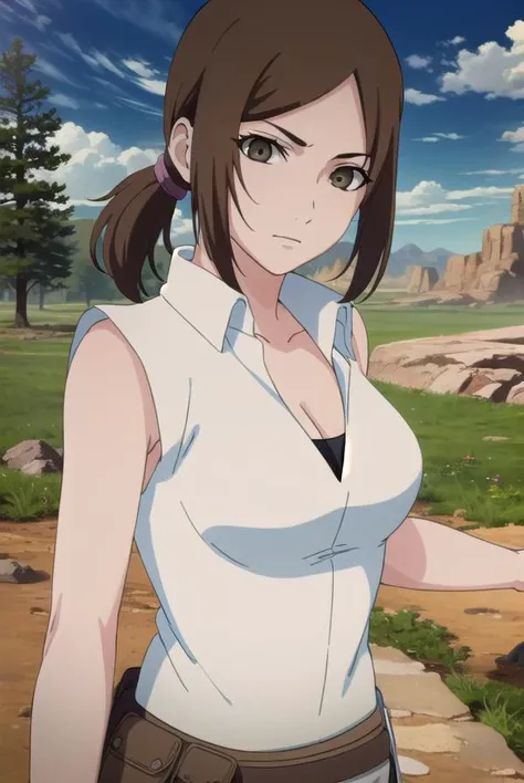kunoichiameno, <lora:kunoichi ameno-lora-nochekaiser:1>,
ameno, short hair, brown hair, (brown eyes:1.3), (swept bangs:1.5), ponytail,
BREAK cleavage, shirt, whiteshirt, collared shirt, sleeveless, bike shorts,
BREAK outdoors, forest, nature, trees, grass, sky, clouds, sun,
BREAK looking at viewer, (cowboy shot:1.5),
BREAK <lyco:GoodHands-beta2:1>, (masterpiece:1.2), best quality, high resolution, unity 8k wallpaper, (illustration:0.8), (beautiful detailed eyes:1.6), extremely detailed face, perfect lighting, extremely detailed CG, (perfect hands, perfect anatomy),