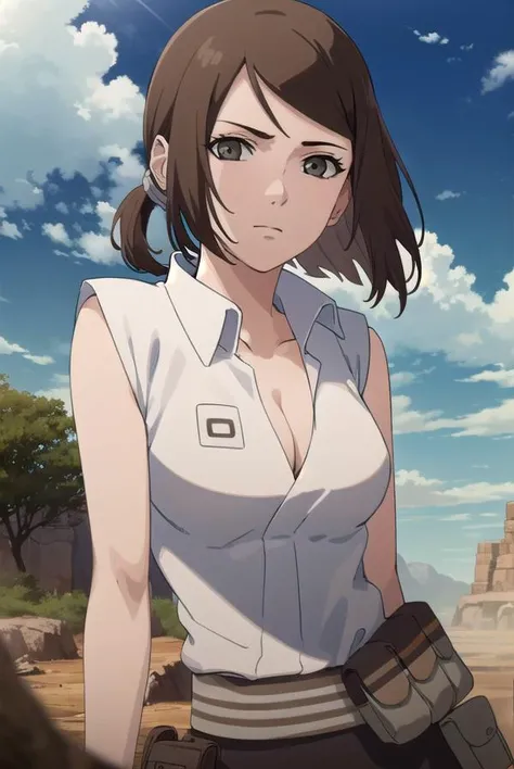 kunoichiameno, <lora:kunoichi ameno-lora-nochekaiser:1>,
ameno, short hair, brown hair, (brown eyes:1.3), (swept bangs:1.5), ponytail,
BREAK cleavage, shirt, whiteshirt, collared shirt, sleeveless, bike shorts,
BREAK outdoors, forest, nature, trees, grass, sky, clouds, sun,
BREAK looking at viewer, (cowboy shot:1.5),
BREAK <lyco:GoodHands-beta2:1>, (masterpiece:1.2), best quality, high resolution, unity 8k wallpaper, (illustration:0.8), (beautiful detailed eyes:1.6), extremely detailed face, perfect lighting, extremely detailed CG, (perfect hands, perfect anatomy),