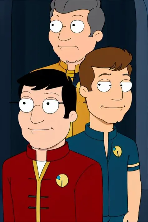 leonard nimoy as mr. spock and william shatner as captain kirk , fully dressed, black pupils, single pupil in each eye, smfstyle, clean lines <lora:smfstylev4-200:1>
