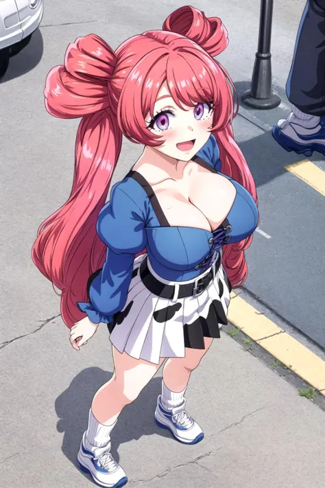 MGCM gula, twintails, red hair, purple eyes, MGCM costume, blue shirt, puffy sleeves, zebra print miniskirt, belt, loose socks, sneakers, <lora:MGCM_gula_ep15_v3:0.7>, BREAK (large breasts), anmnr, <lora:anmnr01:0.17>, beautiful, masterpiece, 8K resolution, extremely detailed face, 1girl, Beautiful woman, 20 years old, eye highlights, from above, looking at viewer, smile, open mouth, blush, BREAK (lower both arms:1.1), (spread both arms:1.1), BREAK anime background, outdoors, cityscape, streets, sidewalks, street trees, street lamps, tiled floors, gentle sunlight, <lora:flat2-dim1:-0.5>